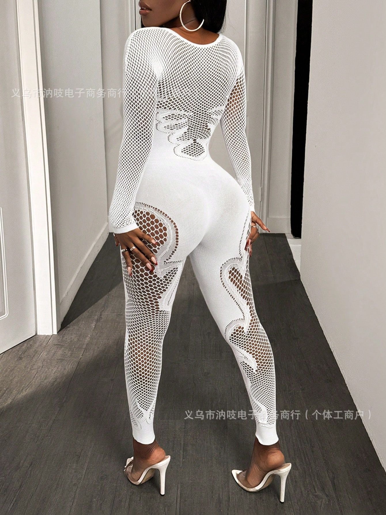 Sheer Long-Sleeve Mesh Graphic Jumpsuit