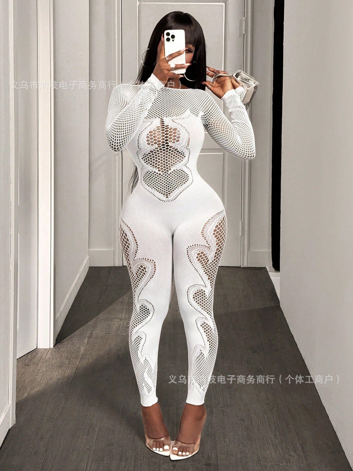 Sheer Long-Sleeve Mesh Graphic Jumpsuit