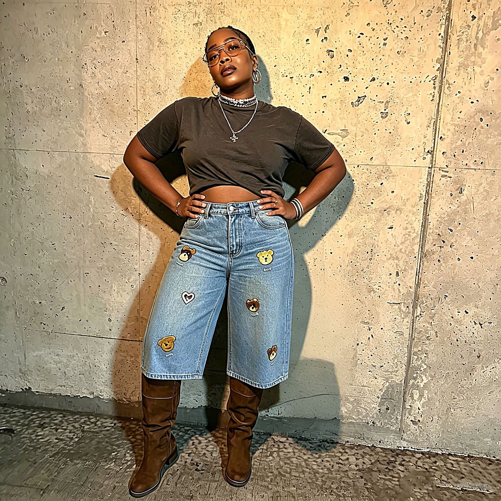 Embroidered Teddy Bear Longline Denim Shorts