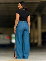 Wide-Leg Side Slit Jeans with Bow Knots