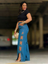 Wide-Leg Side Slit Jeans with Bow Knots