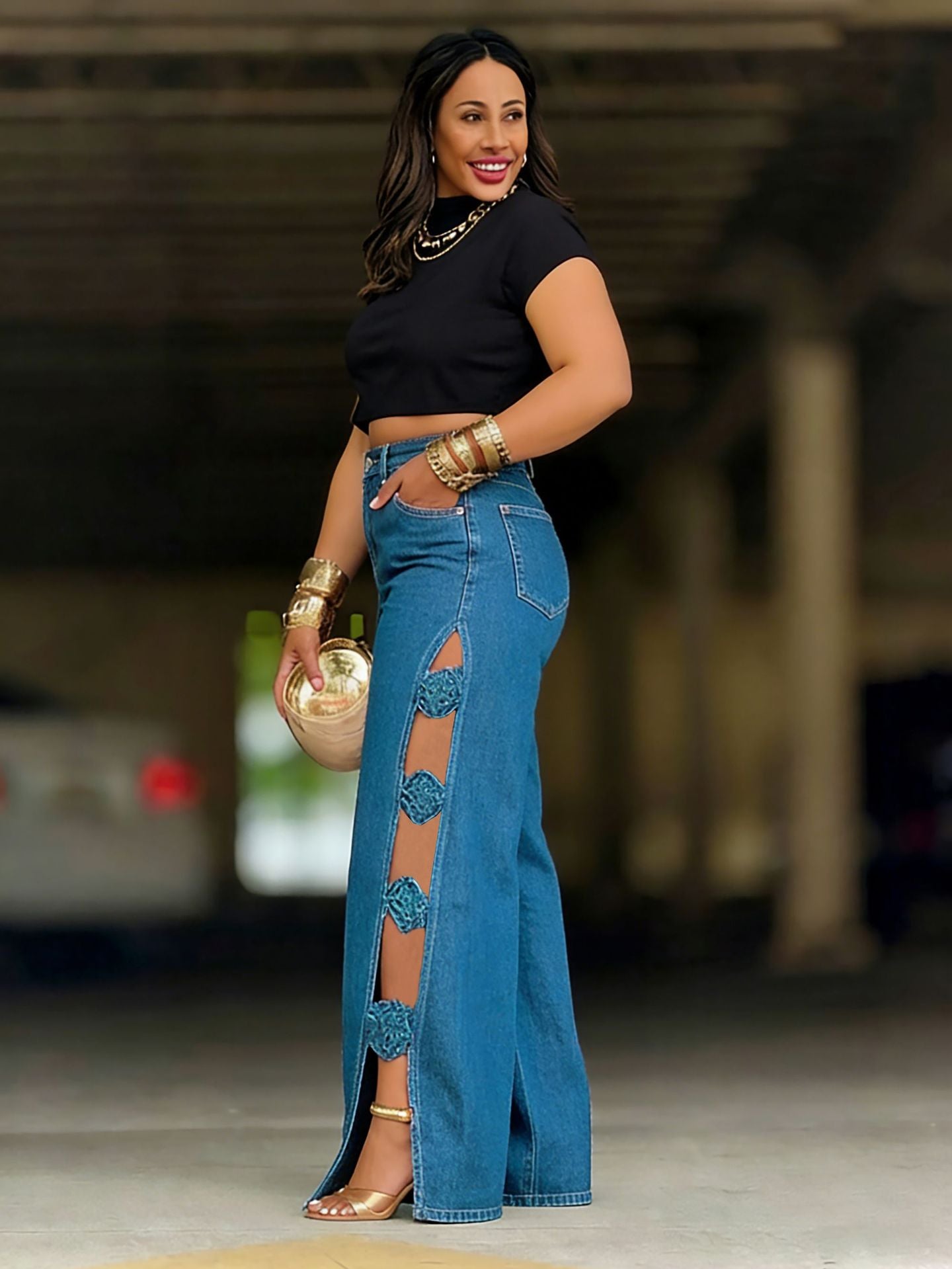 Wide-Leg Side Slit Jeans with Bow Knots