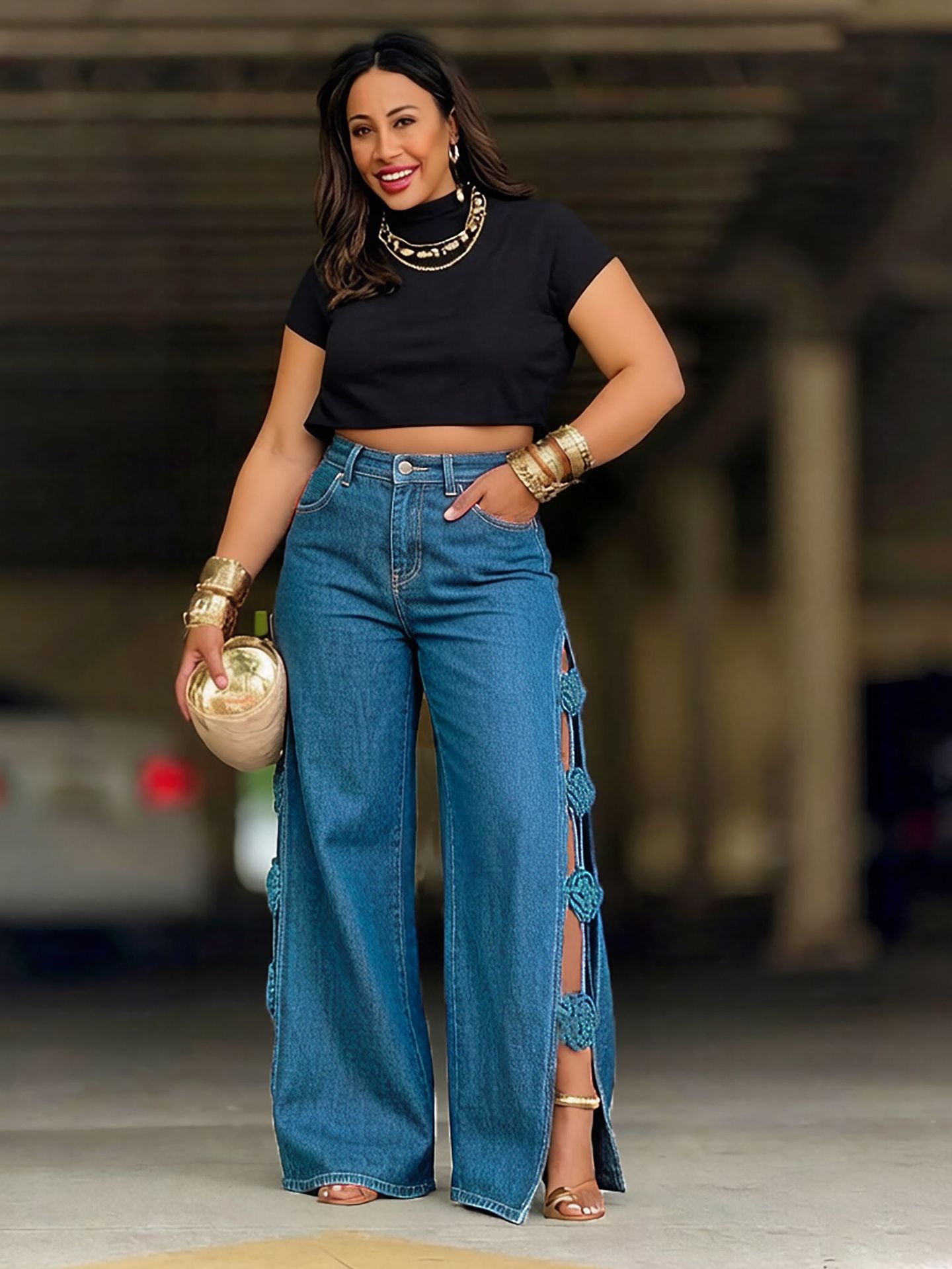 Wide-Leg Side Slit Jeans with Bow Knots