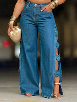 Wide-Leg Side Slit Jeans with Bow Knots
