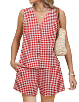 Red Gingham Button-Up Vest & Shorts Set