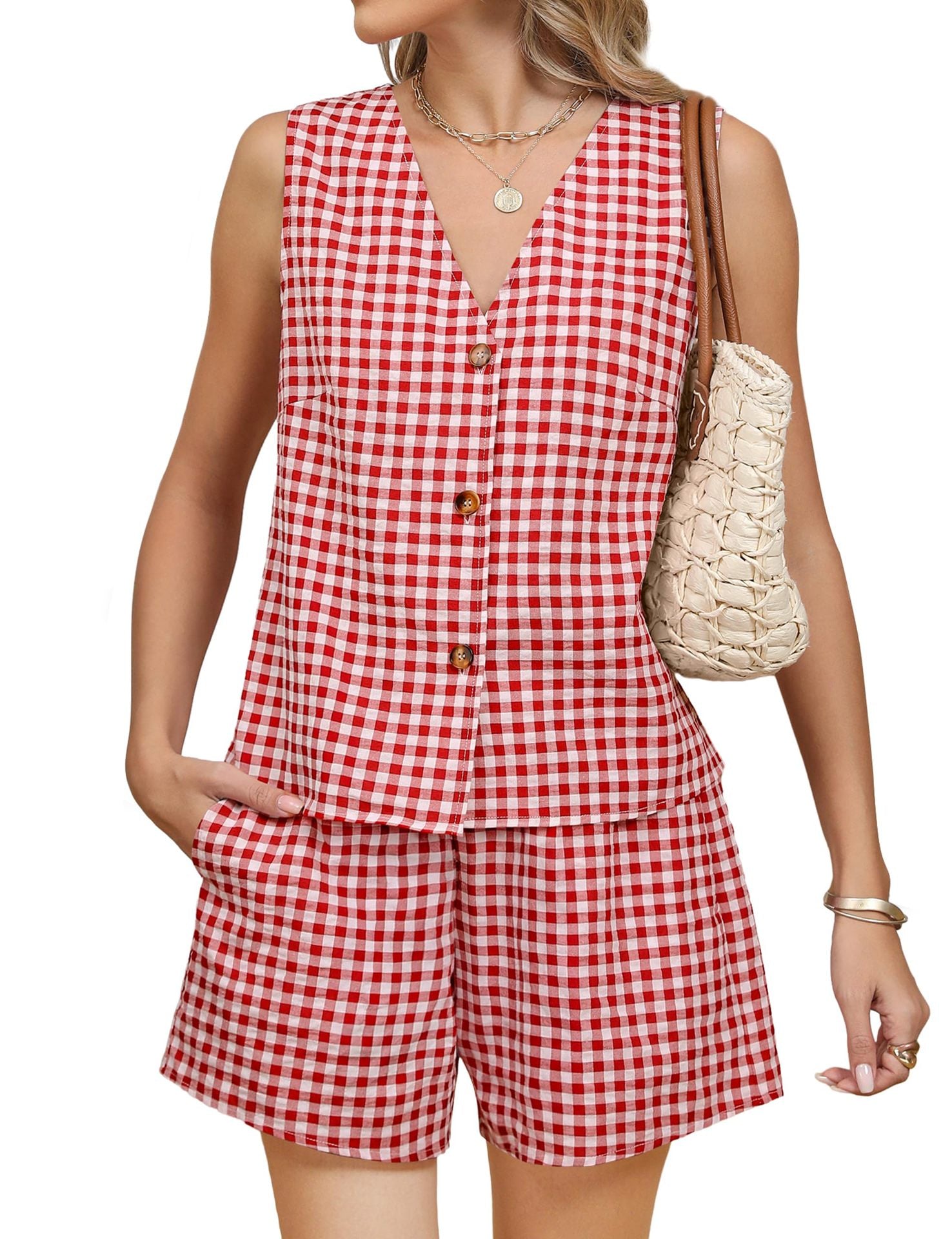 Red Gingham Button-Up Vest & Shorts Set