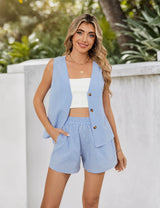 Red Gingham Button-Up Vest & Shorts Set