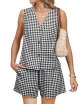Red Gingham Button-Up Vest & Shorts Set