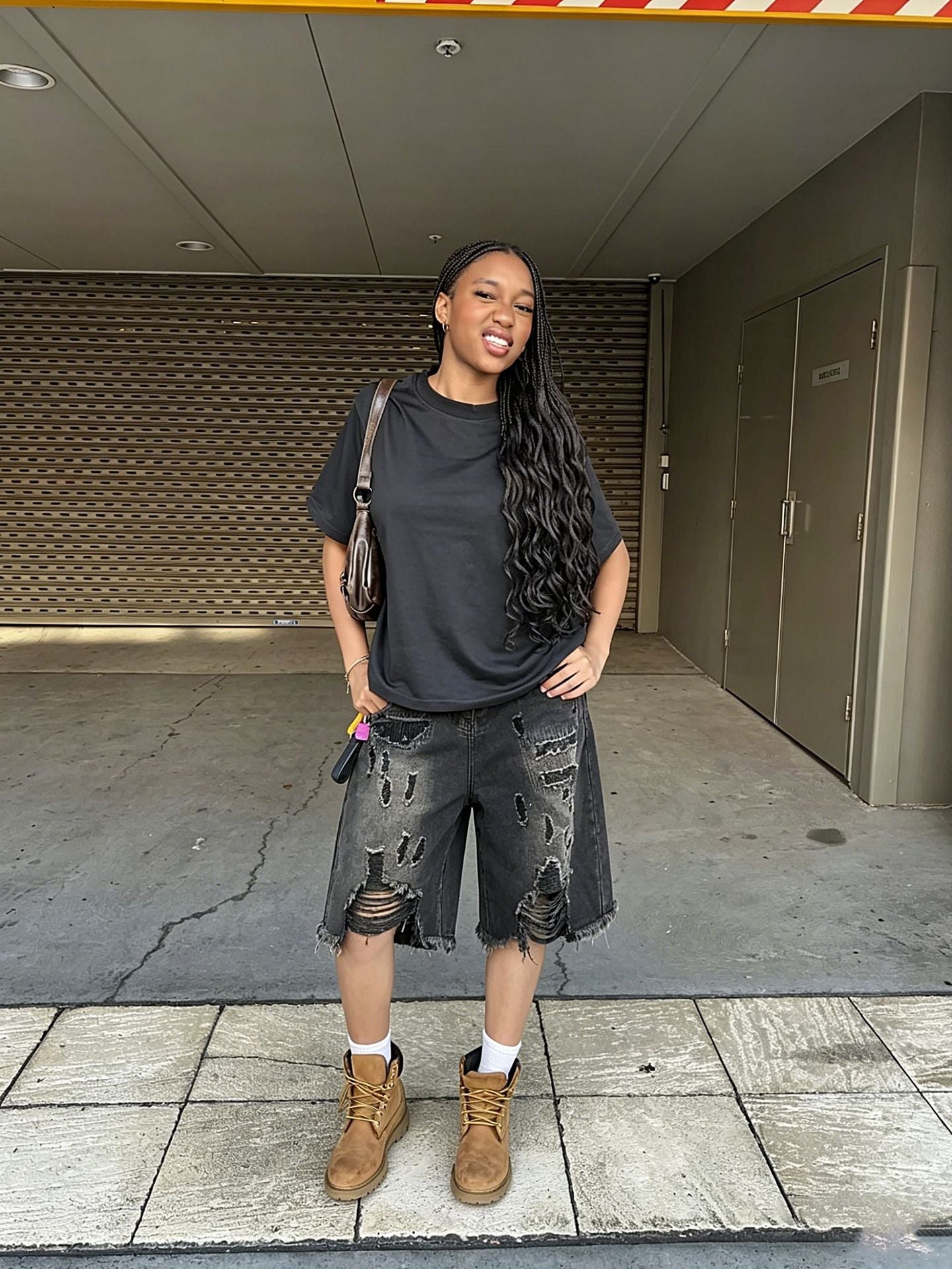 Distressed Black Denim Longline Shorts