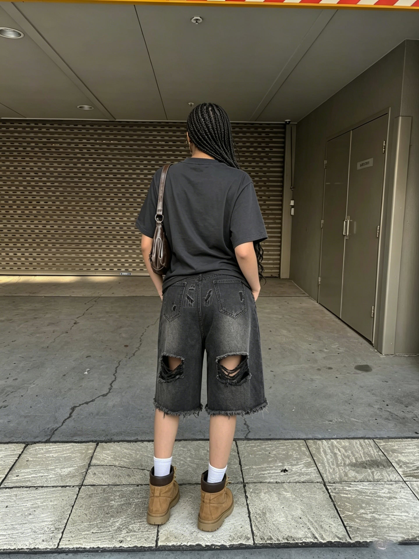 Distressed Black Denim Longline Shorts