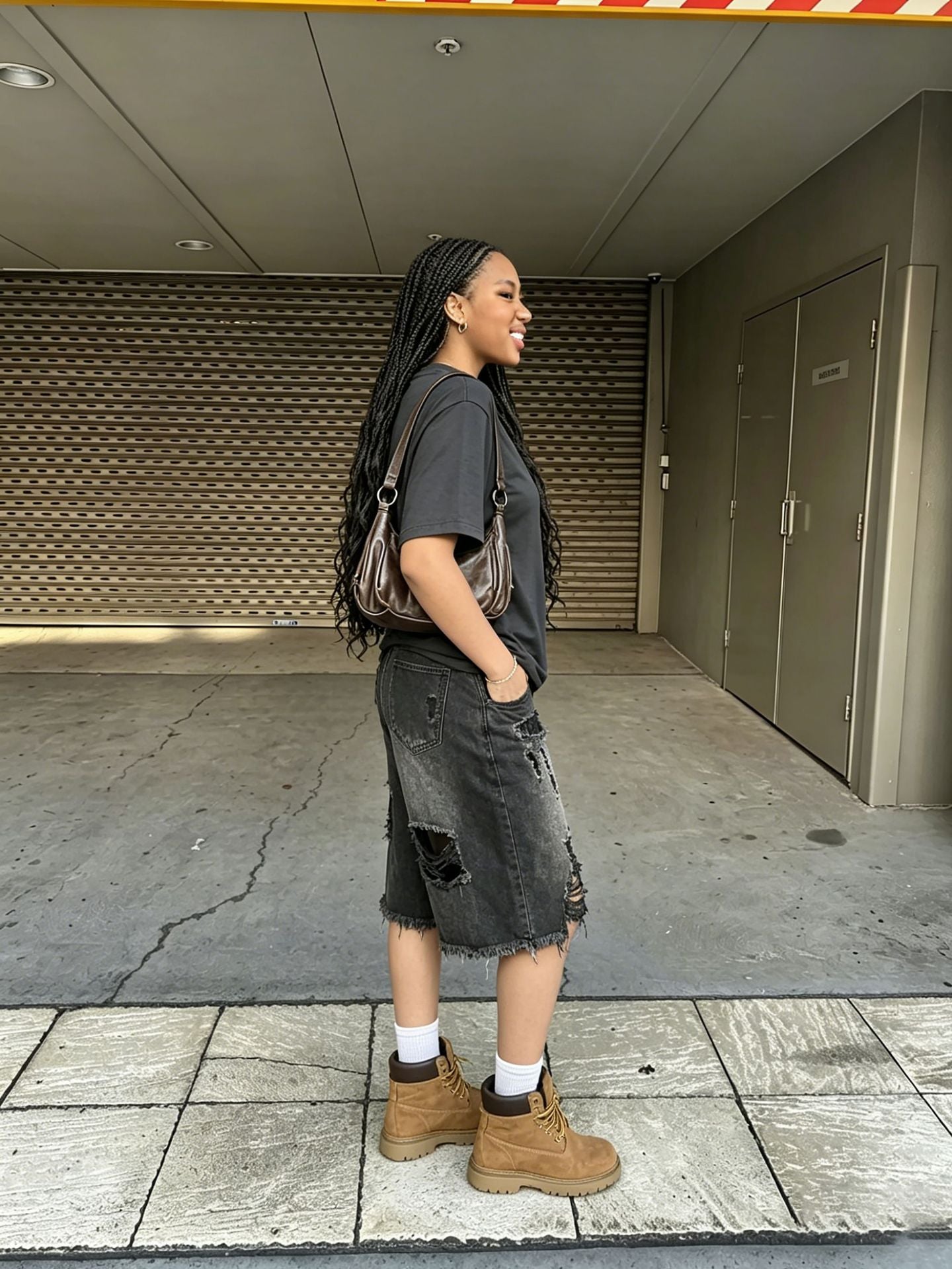 Distressed Black Denim Longline Shorts