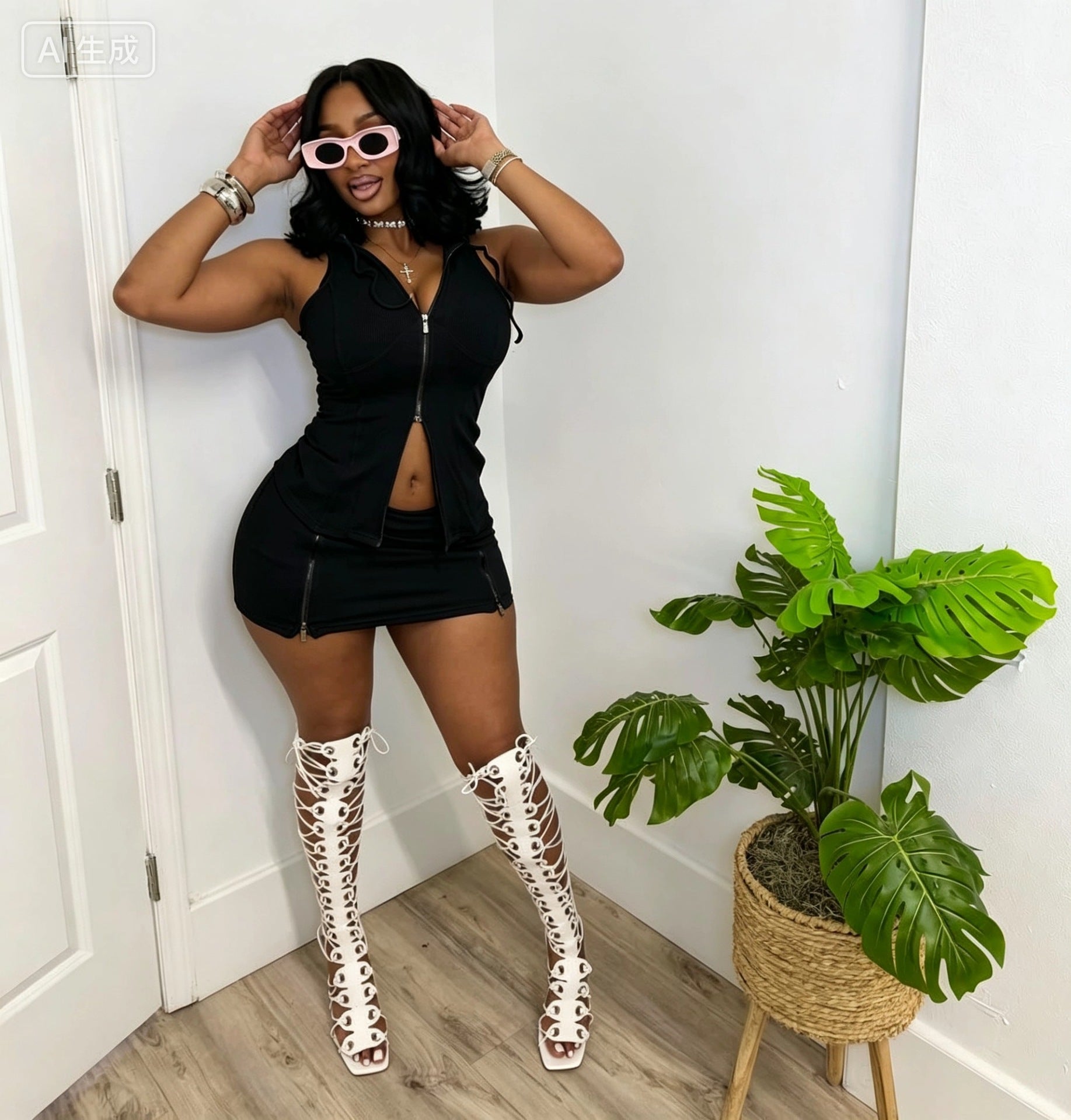 Sleek Zip-Up Halter Top & Mini Skirt Set