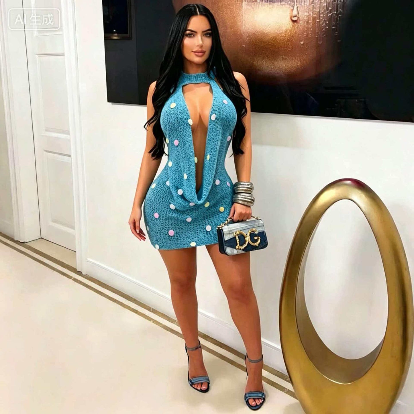 Open-Knit Halter Mini Dress with Sequins