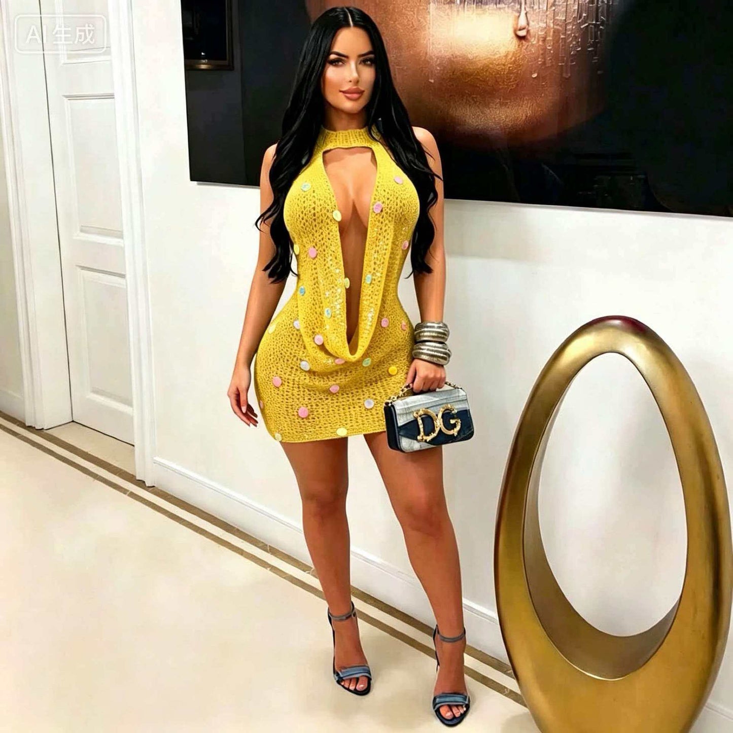 Open-Knit Halter Mini Dress with Sequins