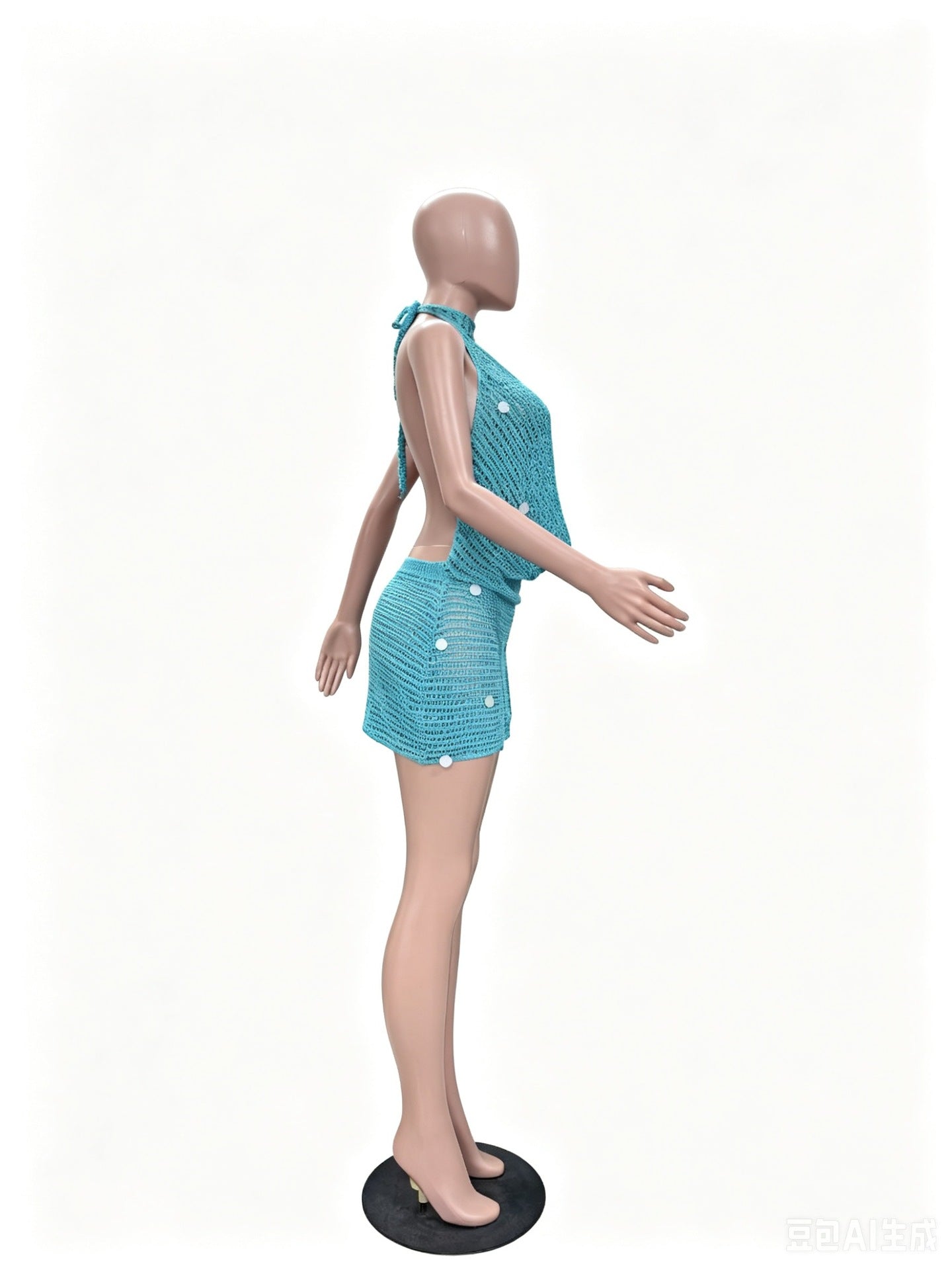 Open-Knit Halter Mini Dress with Sequins