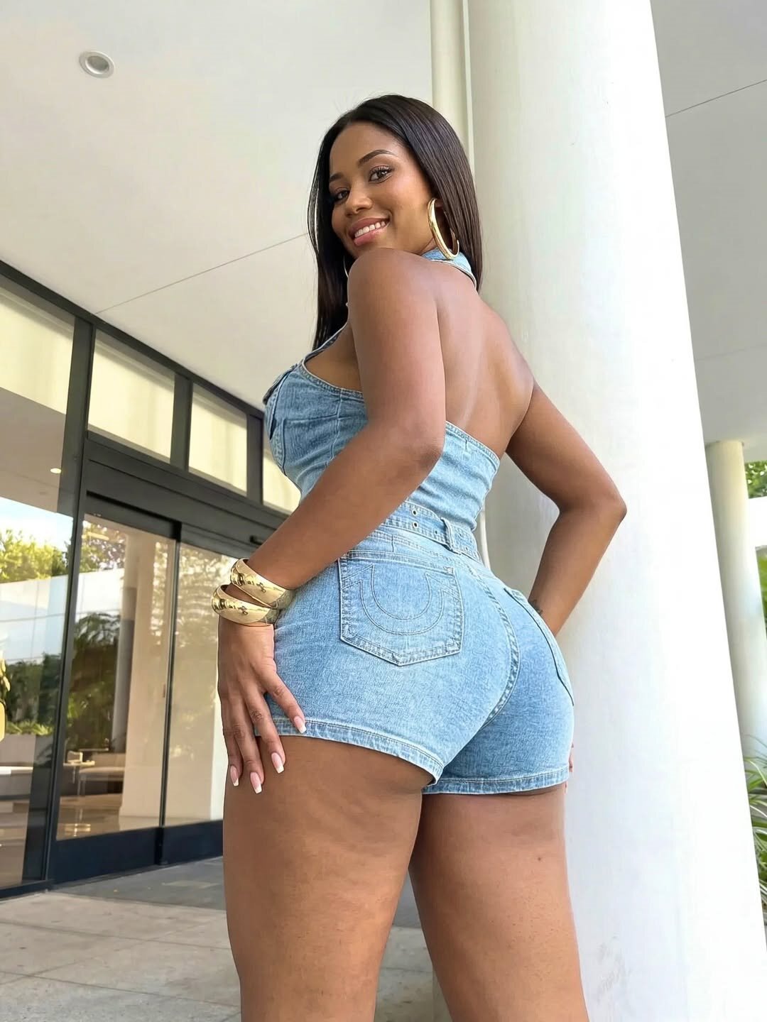 Halter Zip-Up Denim Romper Shorts Set