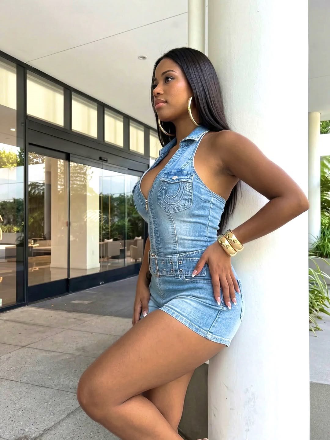 Halter Zip-Up Denim Romper Shorts Set