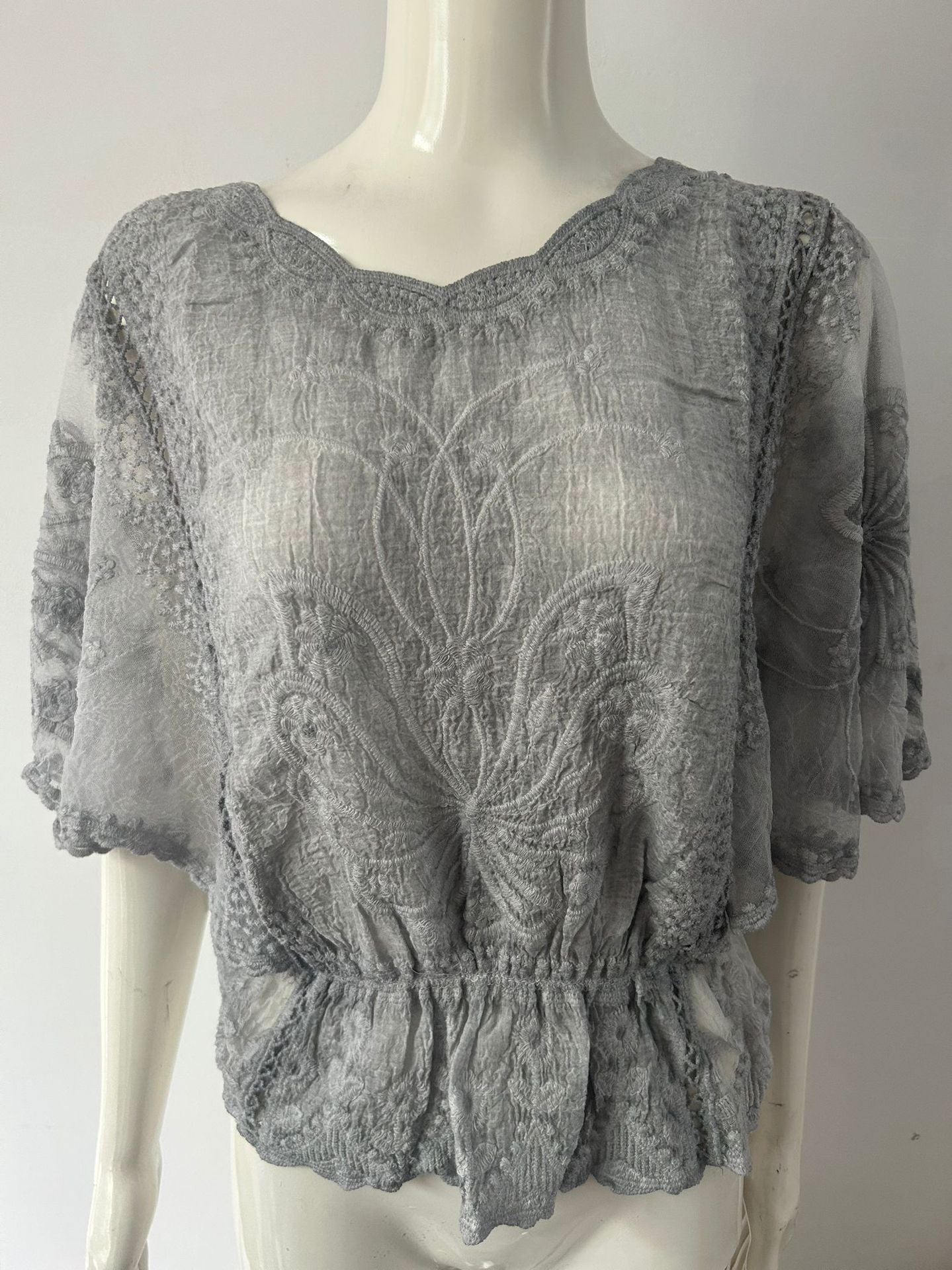 Embroidered Lace Wide Flutter-Sleeve Top