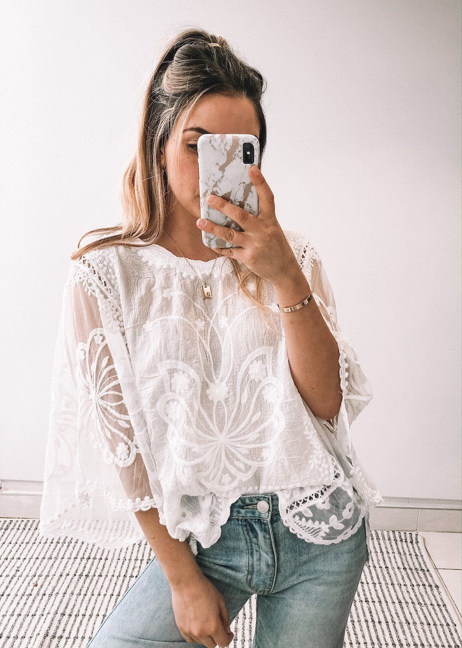 Embroidered Lace Wide Flutter-Sleeve Top