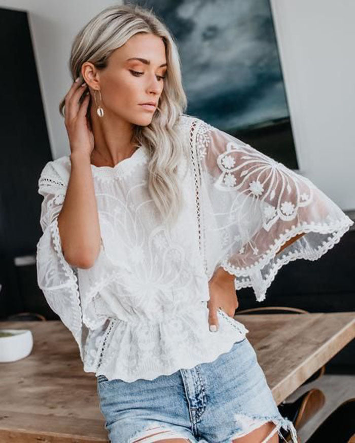 Embroidered Lace Wide Flutter-Sleeve Top