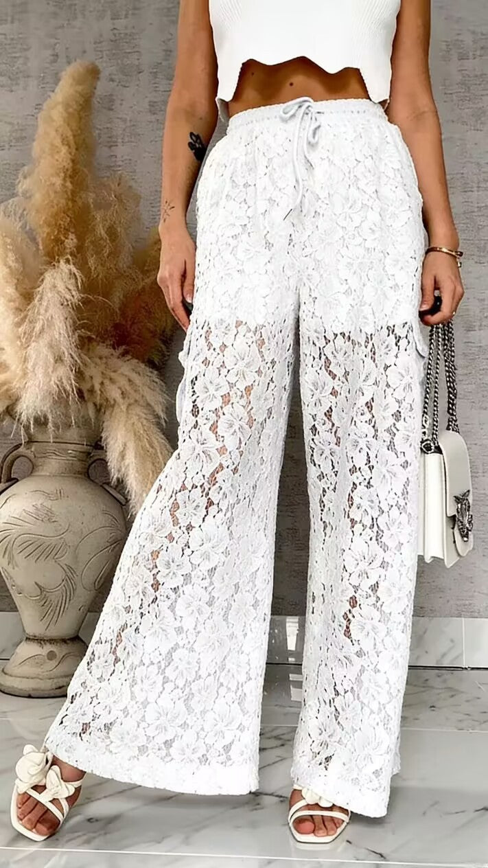 High-Waisted Floral Lace Wide-Leg Pants