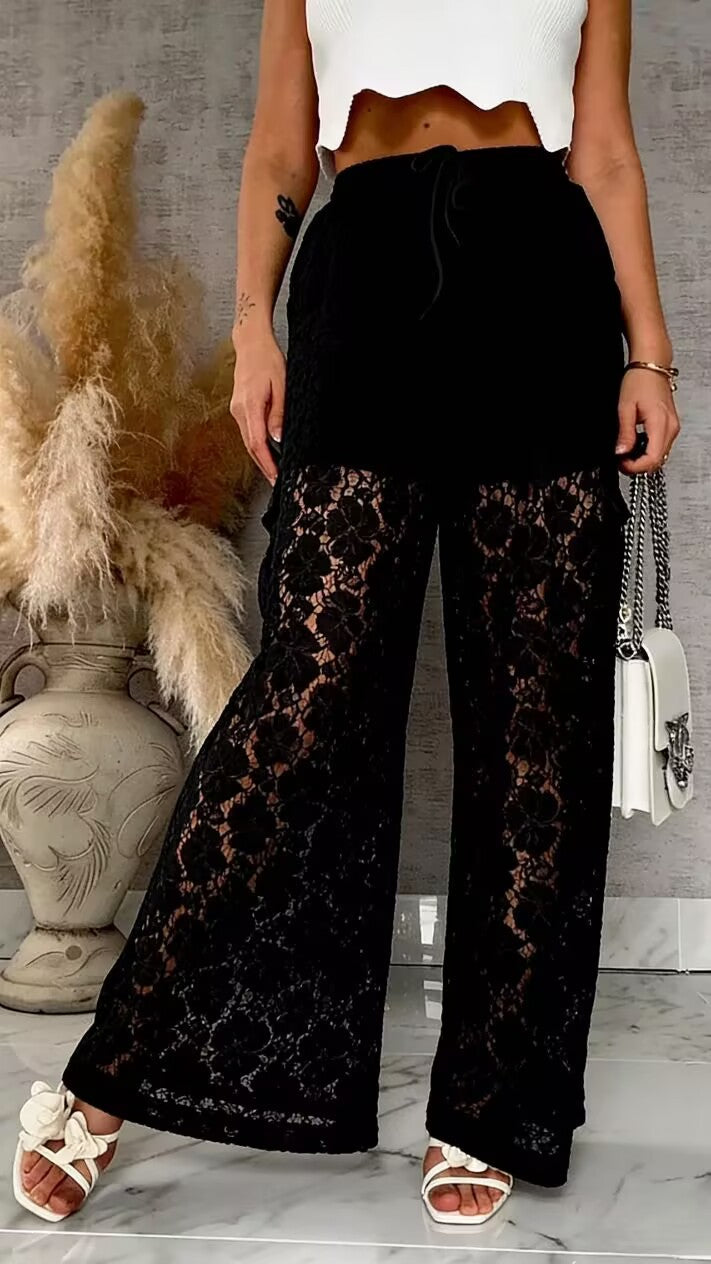 High-Waisted Floral Lace Wide-Leg Pants