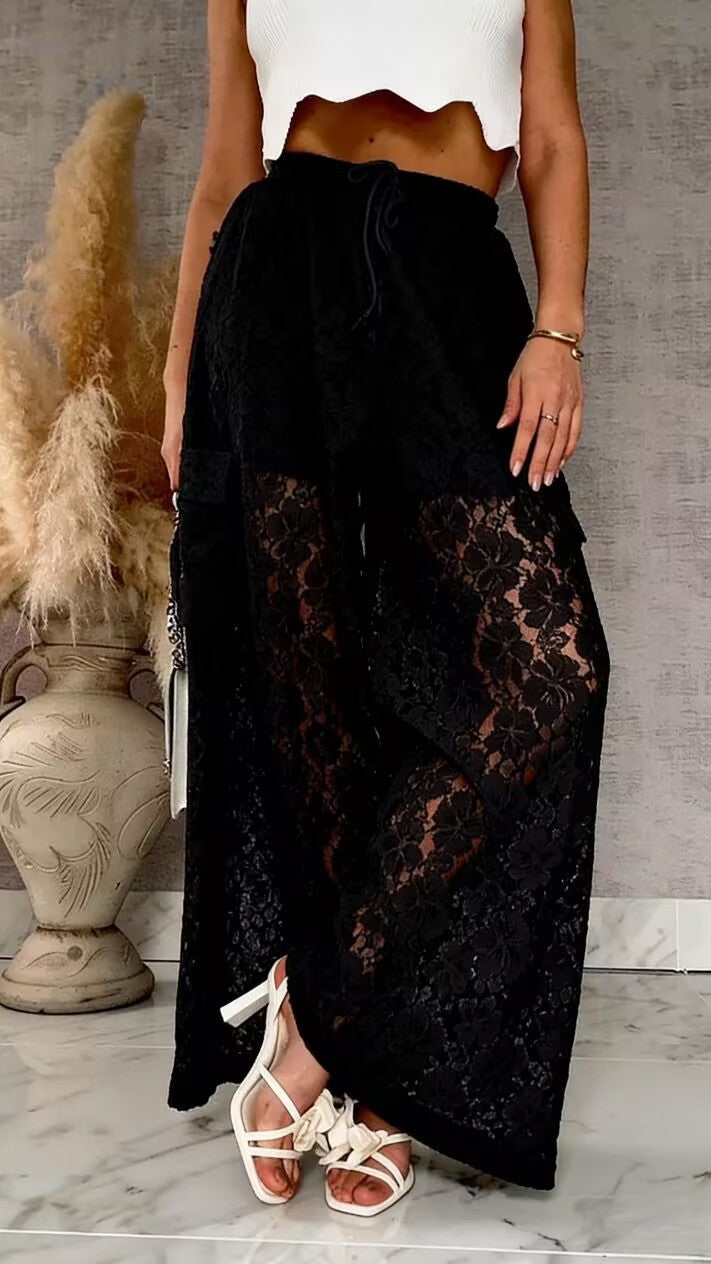 High-Waisted Floral Lace Wide-Leg Pants