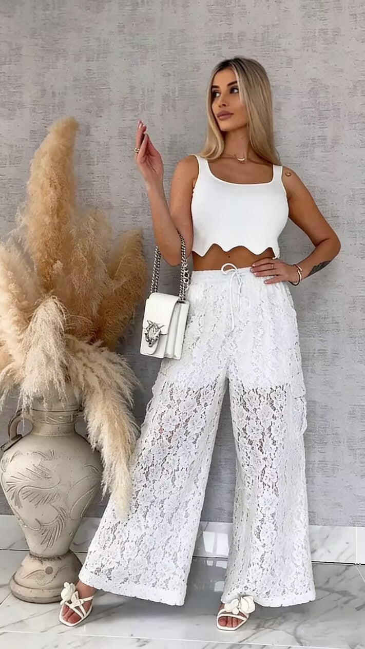 High-Waisted Floral Lace Wide-Leg Pants