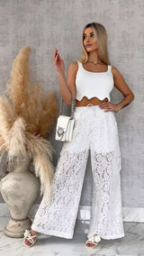 High-Waisted Floral Lace Wide-Leg Pants