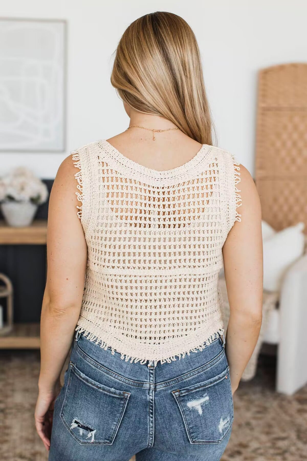 Pointed Hem Crochet Button-Up Vest Top