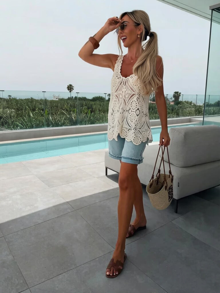 Intricate Sun-Medallion Lace Tank Top