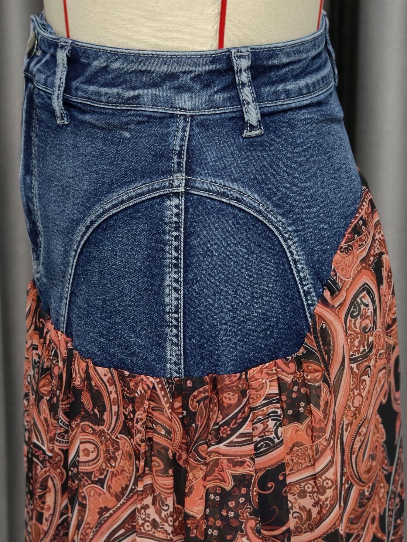 Paisley Chiffon Denim Patchwork Maxi Skirt
