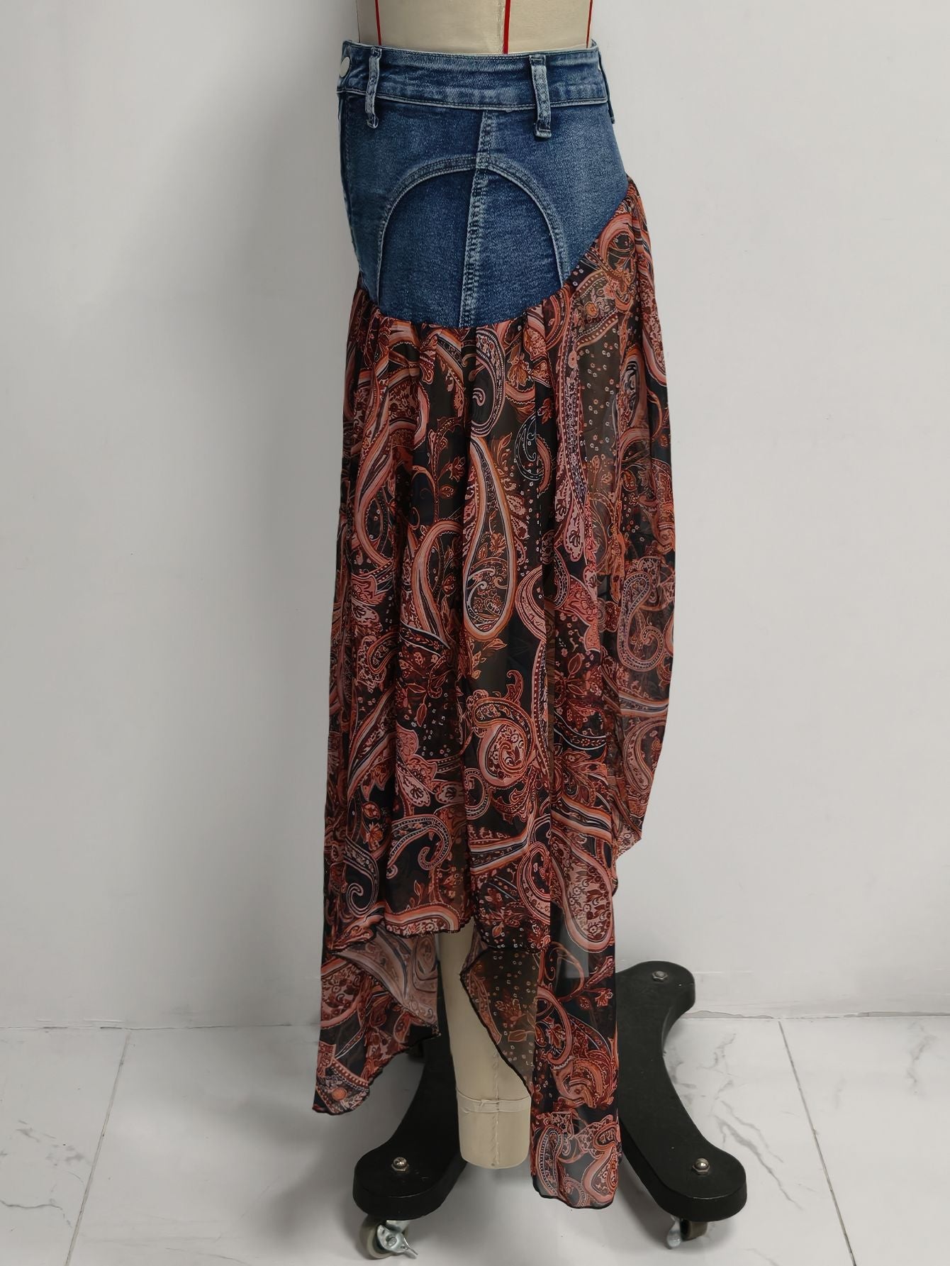 Paisley Chiffon Denim Patchwork Maxi Skirt