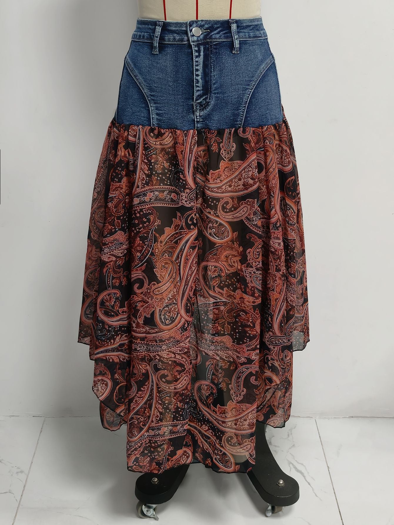 Paisley Chiffon Denim Patchwork Maxi Skirt