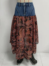 Paisley Chiffon Denim Patchwork Maxi Skirt