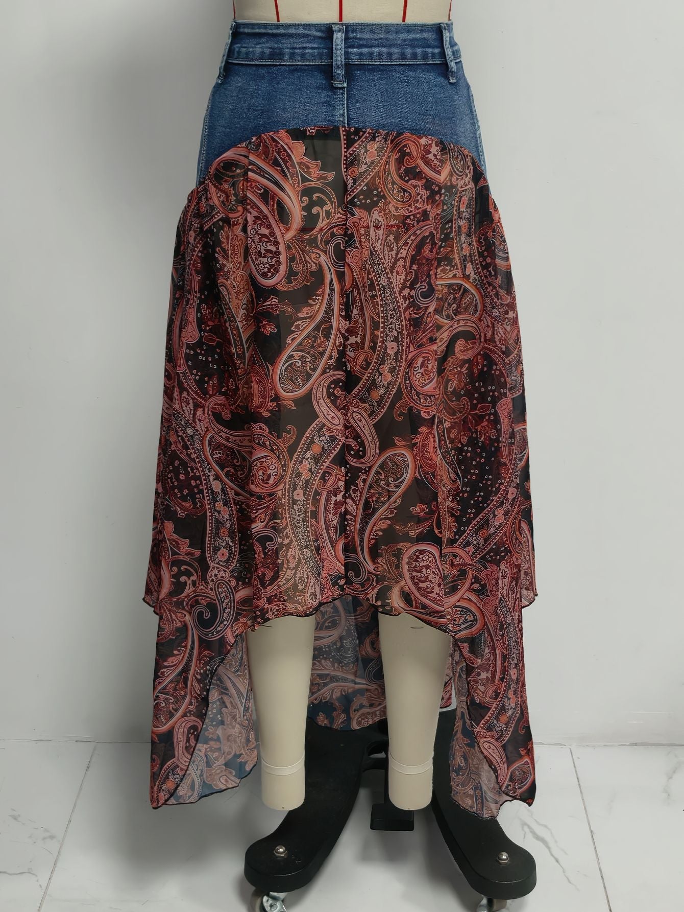 Paisley Chiffon Denim Patchwork Maxi Skirt
