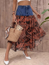 Paisley Chiffon Denim Patchwork Maxi Skirt