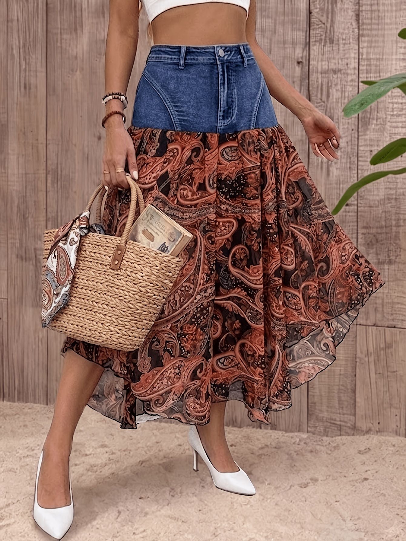 Paisley Chiffon Denim Patchwork Maxi Skirt