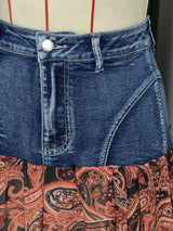 Paisley Chiffon Denim Patchwork Maxi Skirt
