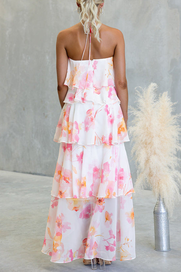 Floral Watercolor Tiered Chiffon Maxi Dress