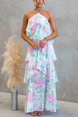 Floral Watercolor Tiered Chiffon Maxi Dress