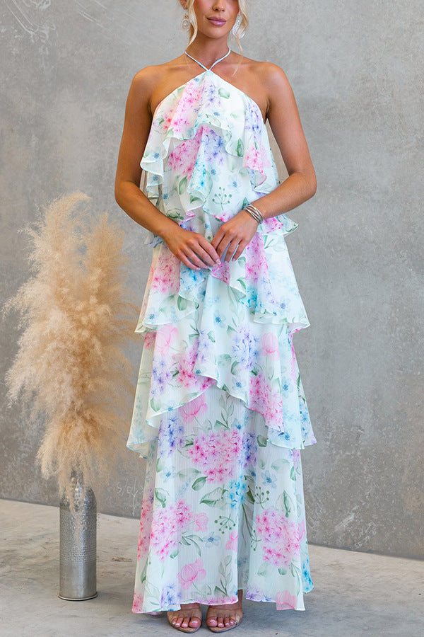 Floral Watercolor Tiered Chiffon Maxi Dress