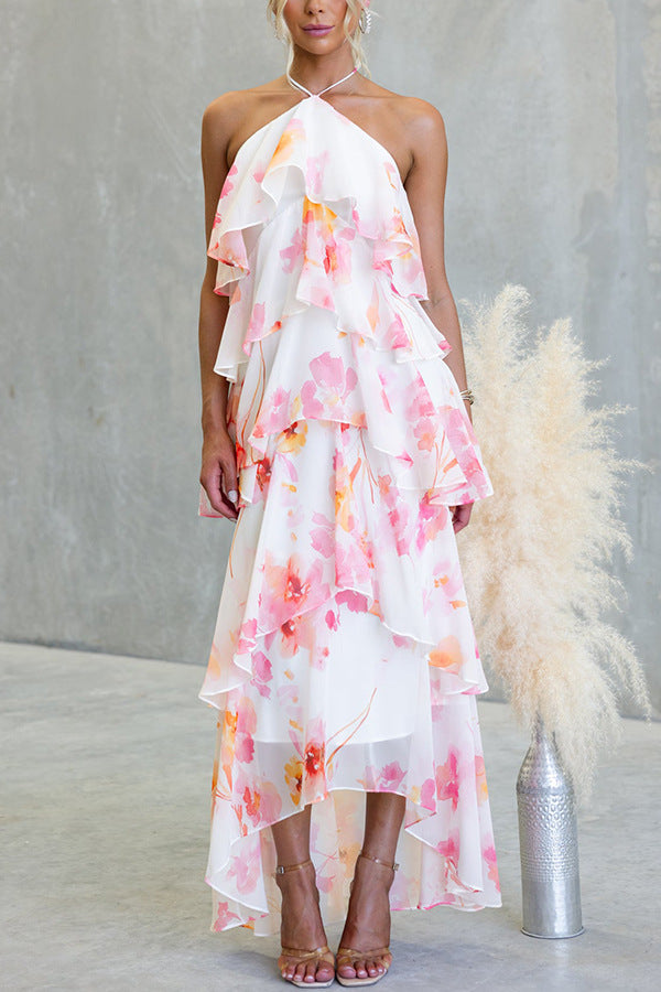 Floral Watercolor Tiered Chiffon Maxi Dress