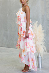 Floral Watercolor Tiered Chiffon Maxi Dress