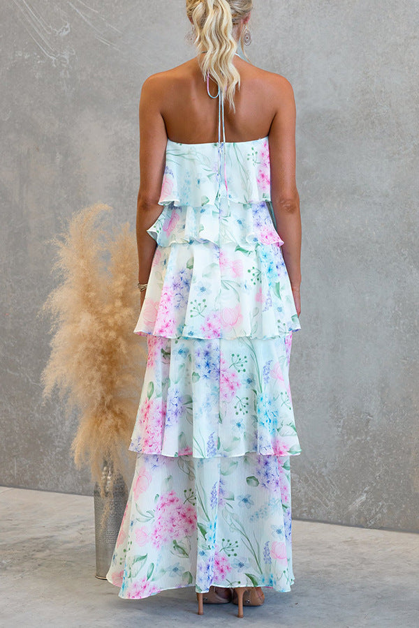 Floral Watercolor Tiered Chiffon Maxi Dress