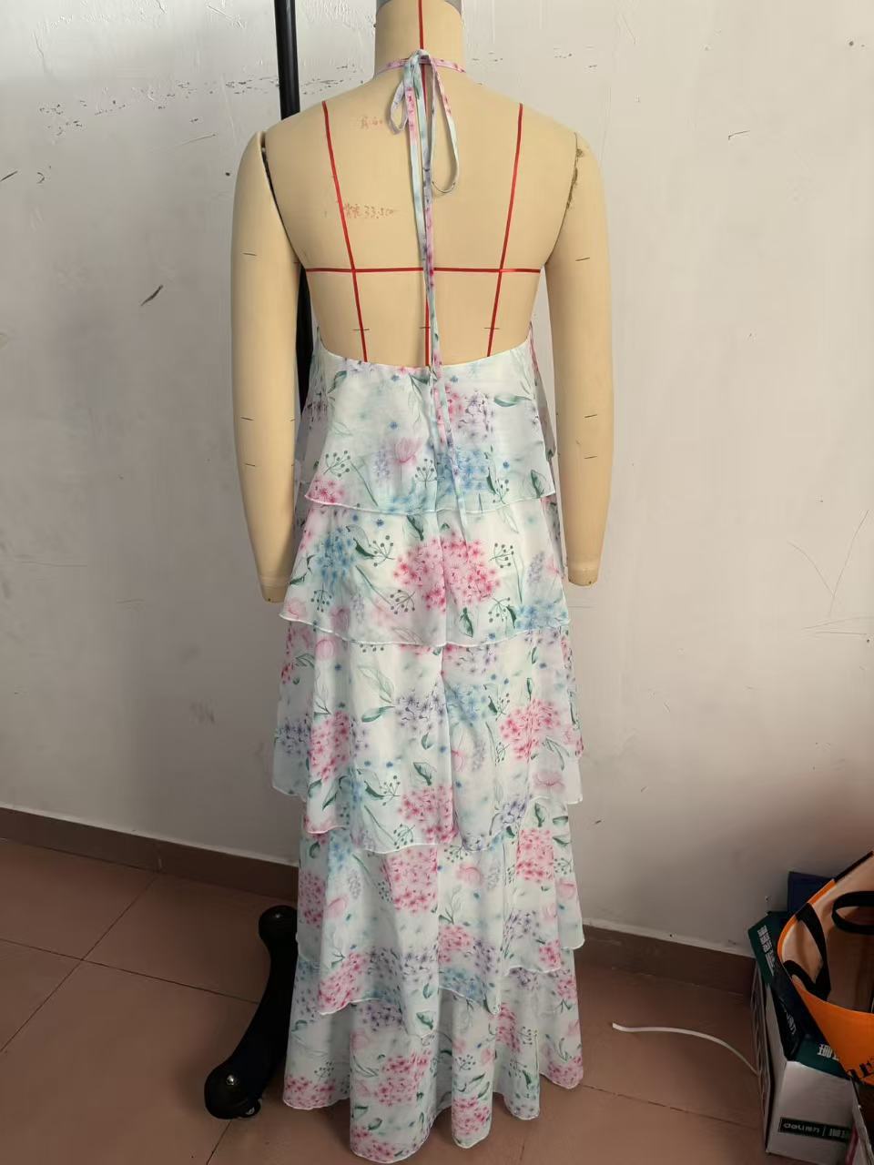 Floral Watercolor Tiered Chiffon Maxi Dress