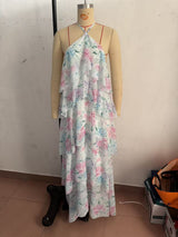 Floral Watercolor Tiered Chiffon Maxi Dress