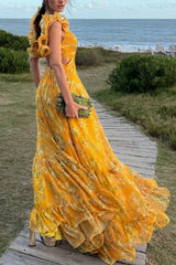 Sun-Drenched Yellow Ruffled Cutout Gown