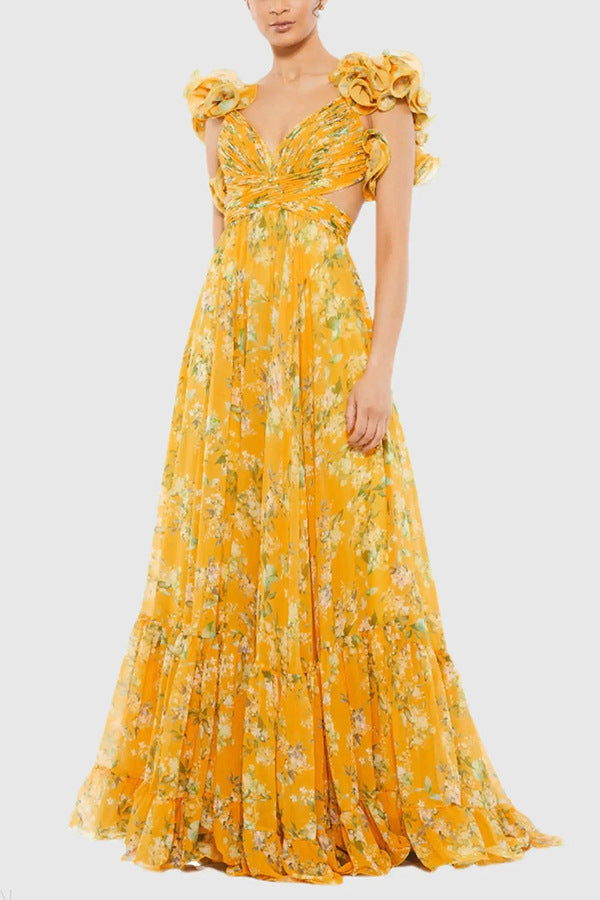 Sun-Drenched Yellow Ruffled Cutout Gown