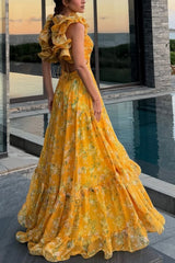 Sun-Drenched Yellow Ruffled Cutout Gown
